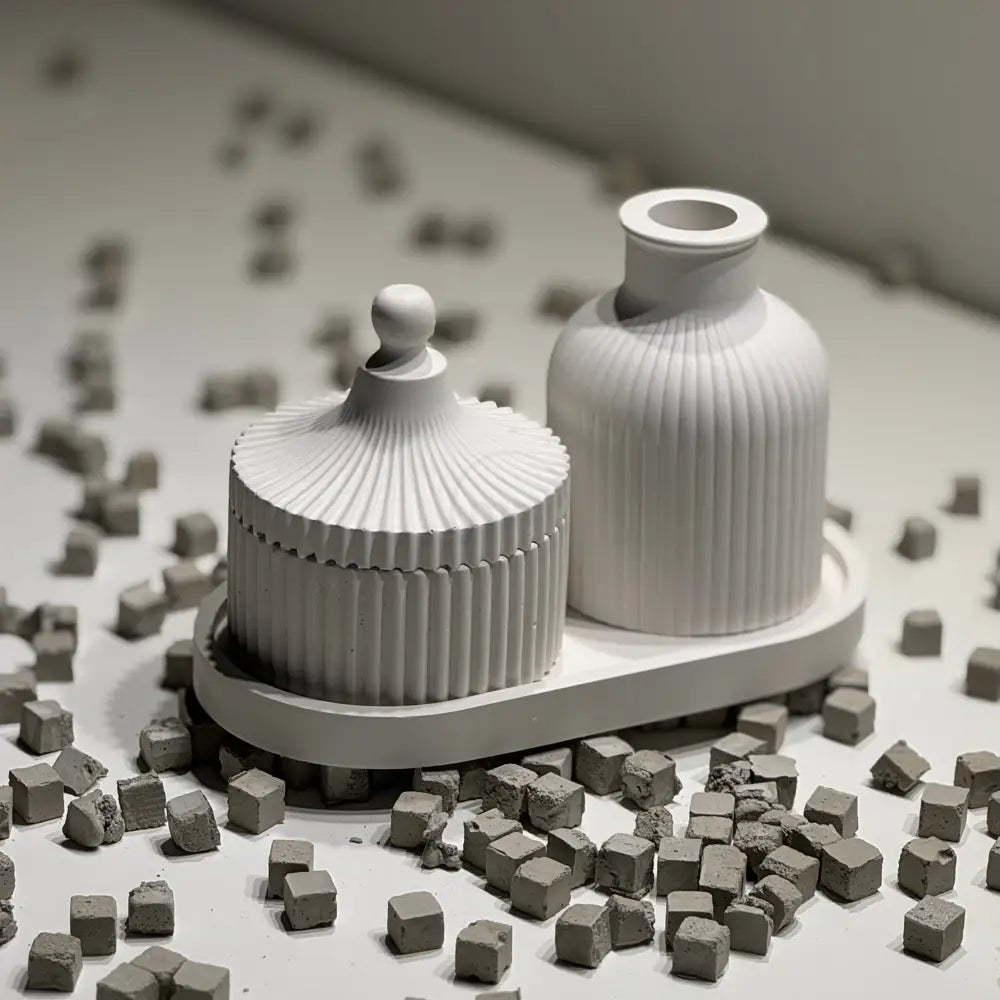 Two containers on a surface with small gray cubes around them.